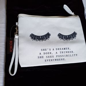 NWT White Canvas Wristlet Cosmetic Pencil Bag